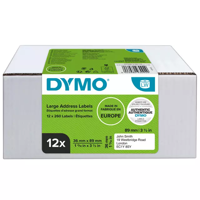 Een Etiket Dymo LabelWriter adressering 36x89mm 12 rollen á 260 stuks wit koop je bij Van Leeuwen Boeken- en kantoorartikelen