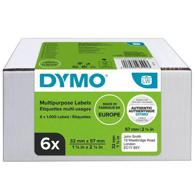 Een Etiket Dymo LabelWriter multifunctioneel 32x57mm 6 rollen á 1000 stuks wit koop je bij KantoorProfi België BV