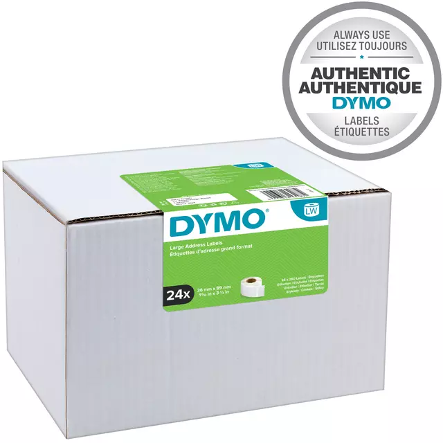 Een Etiket Dymo LabelWriter adressering 36x89mm 24 rollen á 260 stuks wit koop je bij MV Kantoortechniek B.V.