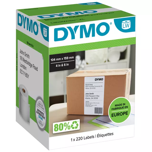Een Etiket Dymo LabelWriter 5XL verzendlabel 104x159mm 1 rol á 220 stuks wit koop je bij L&N Partners voor Partners B.V.