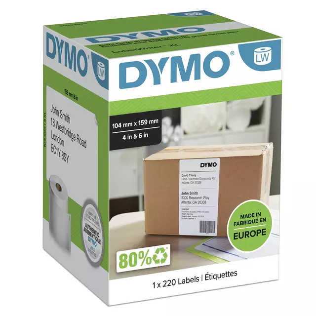 Buy your Etiket Dymo LabelWriter 5XL verzendlabel 104x159mm 1 rol á 220 stuks wit at QuickOffice BV