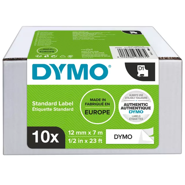 Een Labeltape Dymo D1 45013 12mmx7m polyester zwart op wit doos à 10 stuks koop je bij Van Leeuwen Boeken- en kantoorartikelen
