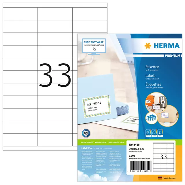 Een Etiket HERMA 4455 70x25.4mm premium wit 3300stuks koop je bij KantoorProfi België BV