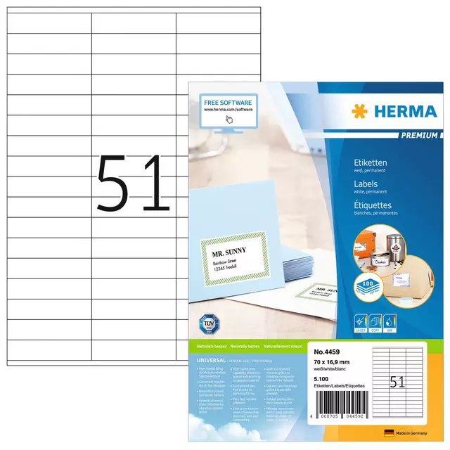 Een Etiket HERMA 4459 70x16.9mm premium wit 5100stuks koop je bij The Cartridge Company