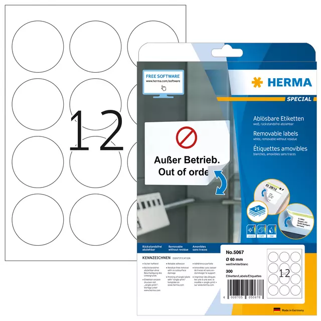 Een Etiket HERMA 5067 rond 60mm verwijderbaar wit 300stuks koop je bij EconOffice