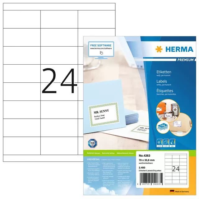 Een Etiket HERMA 4263 70x33.8mm premium wit 2400stuks koop je bij QuickOffice BV