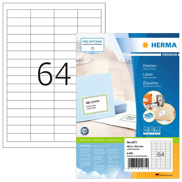 Een Etiket HERMA 4271 48.3x16.9mm premium wit 6400stuks koop je bij NiceSupplies.nl