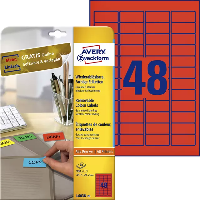 Een Etiket Avery Zweckform L6038-20 45.7x21.2mm rood 960stuks koop je bij EconOffice