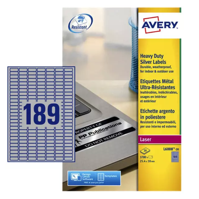 Een Etiket Avery L6008-20 25.4x10mm zilver 3780stuks koop je bij Van Hoye Kantoor BV