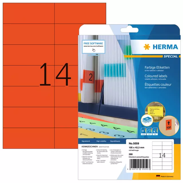 Een Etiket HERMA 5059 105x42.3mm verwijderbaar rood 280stuks koop je bij NiceSupplies.nl