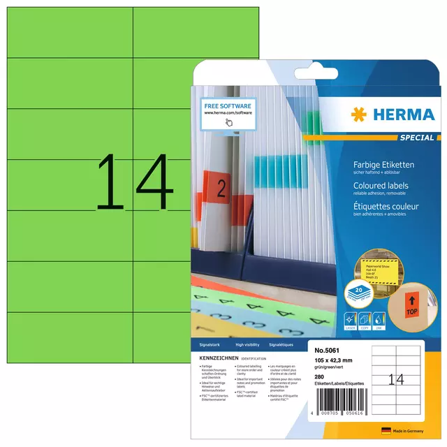 Een Etiket HERMA 5061 105x42.3mm verwijderbaar groen 280stuks koop je bij EconOffice