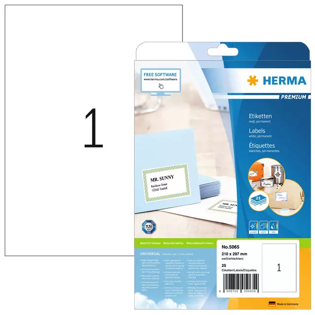 Een Etiket HERMA 5065 210x297mm A4 premium wit 25stuks koop je bij KantoorProfi België BV