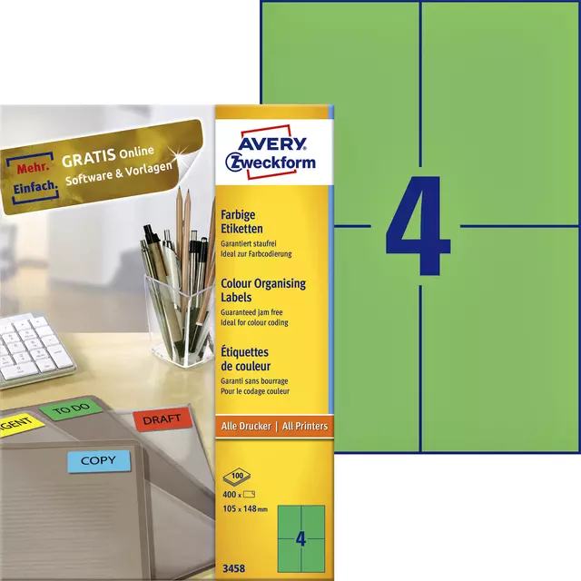 Een Etiket Avery Zweckform 3458 105x148mm A6 groen 400stuks koop je bij EconOffice