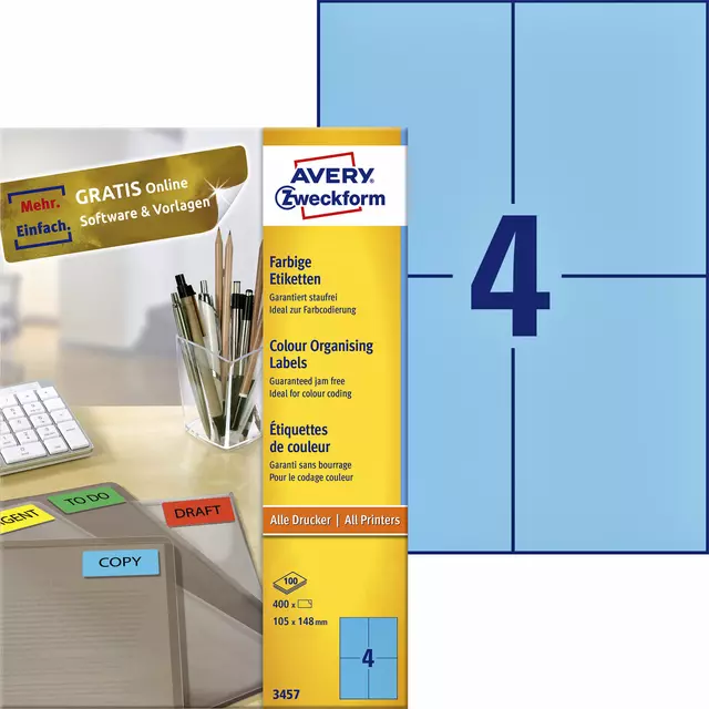 Een Etiket Avery Zweckform 3457 105x148mm A6 blauw 400stuks koop je bij EconOffice