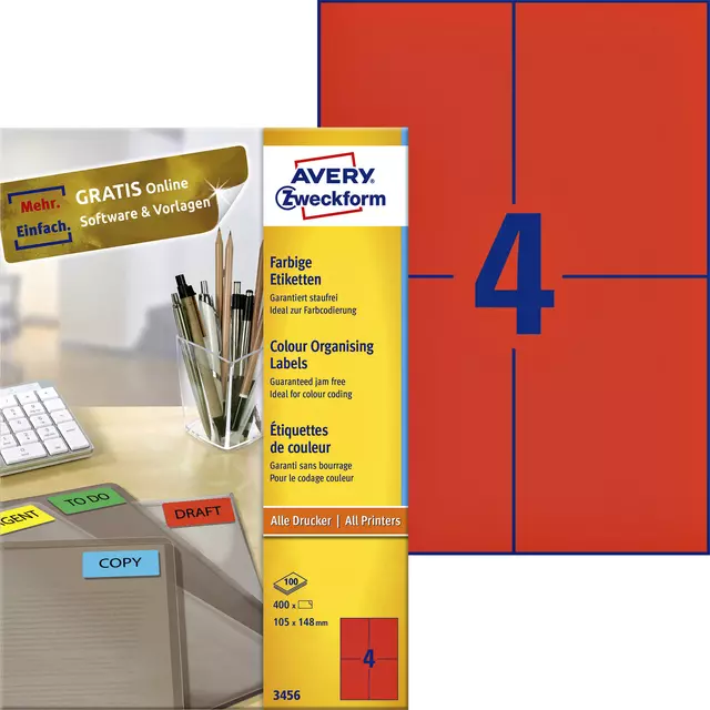 Een Etiket Avery Zweckform 3456 105x148mm A6 rood 400stuks koop je bij EconOffice