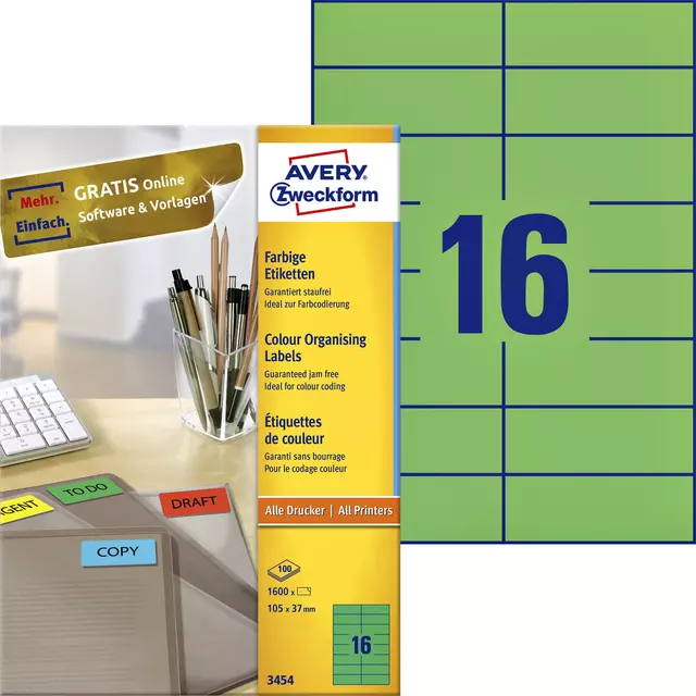 Een Etiket Avery Zweckform 3454 105x37mm groen 1600stuks koop je bij EconOffice