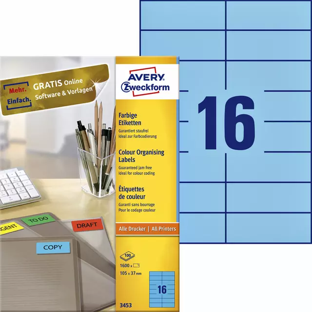 Een Etiket Avery Zweckform 3453 105x37mm blauw 1600stuks koop je bij The Cartridge Company