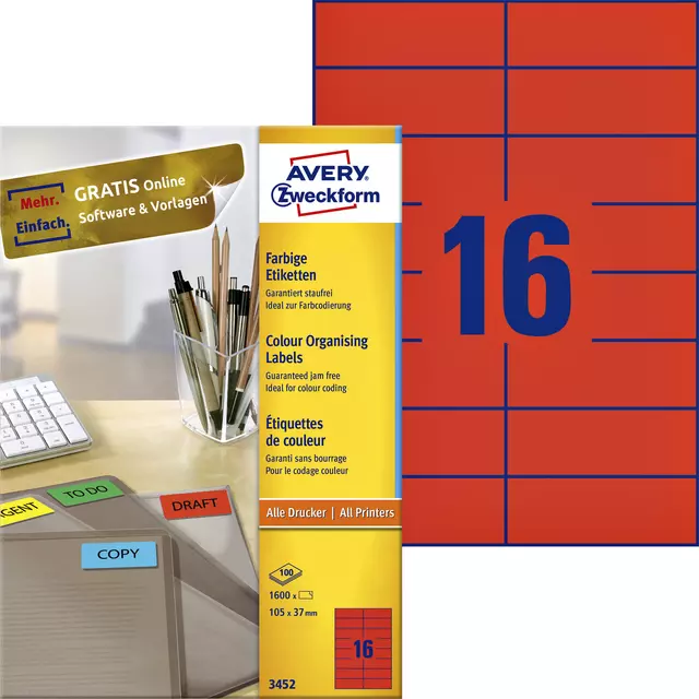 Een Etiket Avery Zweckform 3452 105x37mm rood 1600stuks koop je bij EconOffice