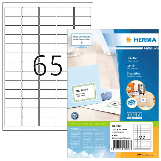 Een Etiket HERMA 4254 38.1x21.2mm premium wit 6500stuks koop je bij Van Leeuwen Boeken- en kantoorartikelen