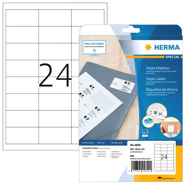 Een Etiket HERMA 4820 66x33.8mm wit 600stuks koop je bij EconOffice