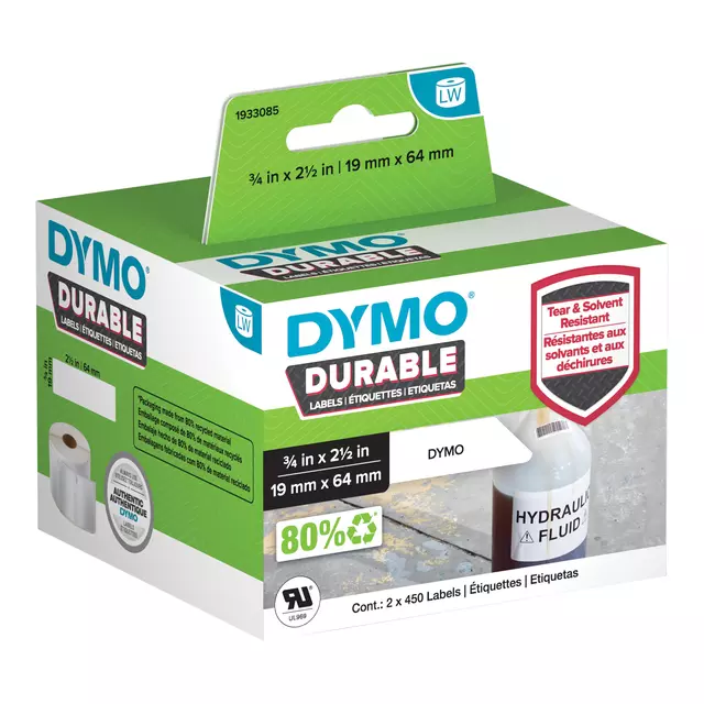 Een Etiket Dymo LabelWriter industrieel 19x64mm 2 rollen á 450 stuks wit koop je bij EconOffice