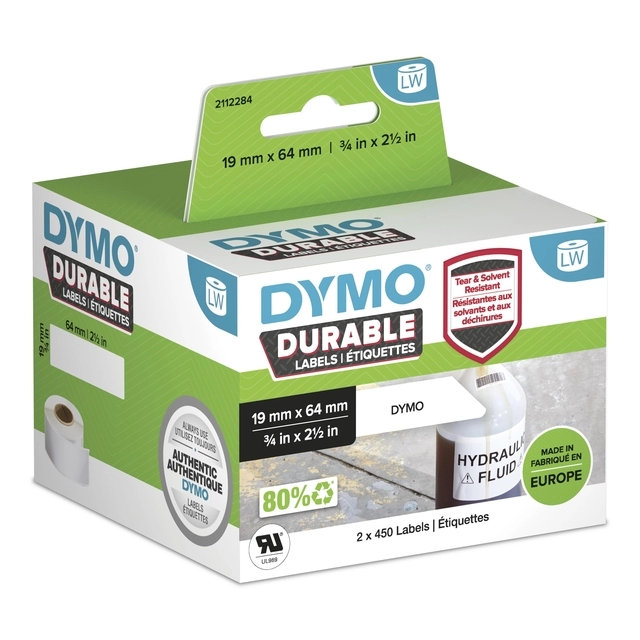 Een Etiket Dymo LabelWriter industrieel 19x64mm 2 rollen á 450 stuks wit koop je bij NiceSupplies.nl