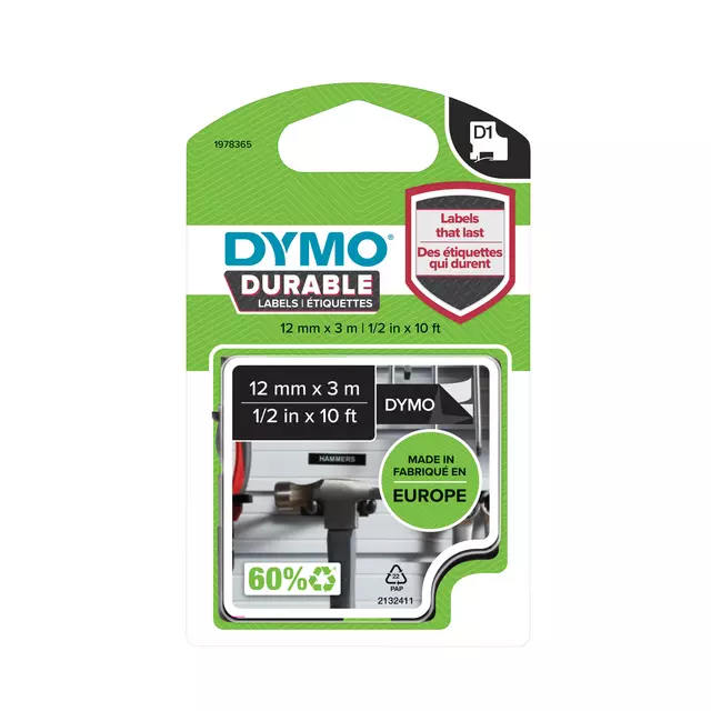 Een Labeltape Dymo LabelManager D1 polyester 12mm wit op zwart koop je bij Goedkope Kantoorbenodigdheden