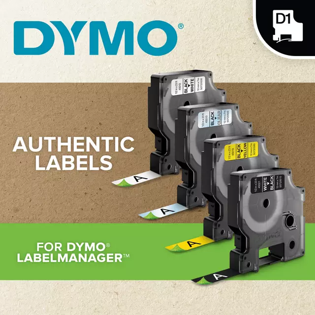 Een Labeltape Dymo LabelManager D1 polyester 12mm wit op zwart koop je bij MV Kantoortechniek B.V.