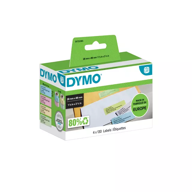 Een Etiket Dymo LabelWriter adressering 28x89mm 4 rollen á 130 stuks assorti koop je bij Alles voor uw kantoor