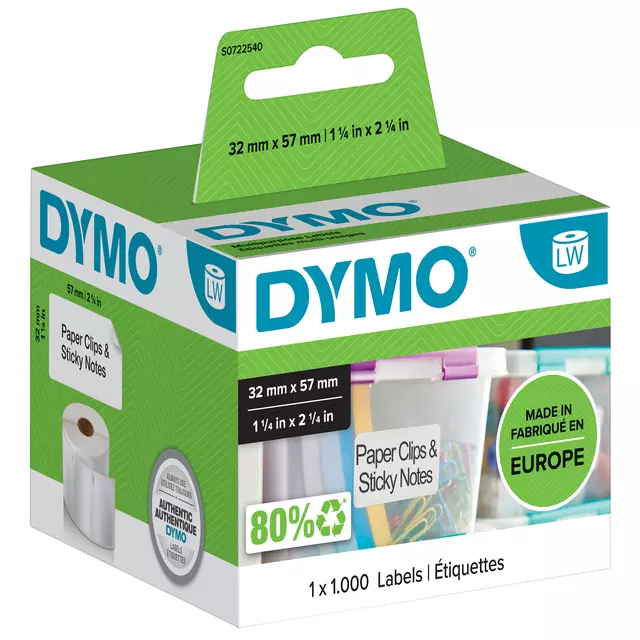 Een Etiket Dymo LabelWriter multifunctioneel 32x57mm 1 rol á 1000 stuks wit koop je bij Totaal Kantoor Goeree
