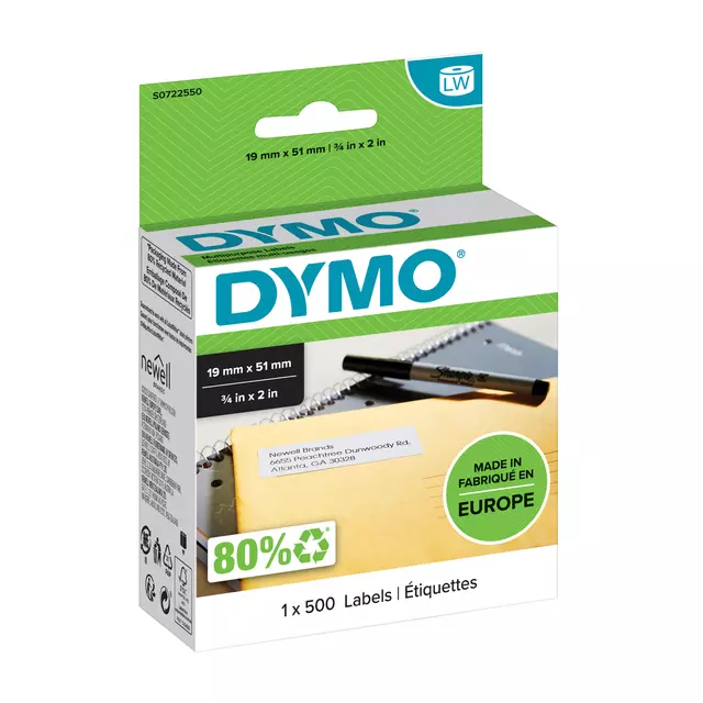 Een Etiket Dymo LabelWriter multifunctioneel 19x51mm 1 rol á 500 stuks wit koop je bij KantoorProfi België BV