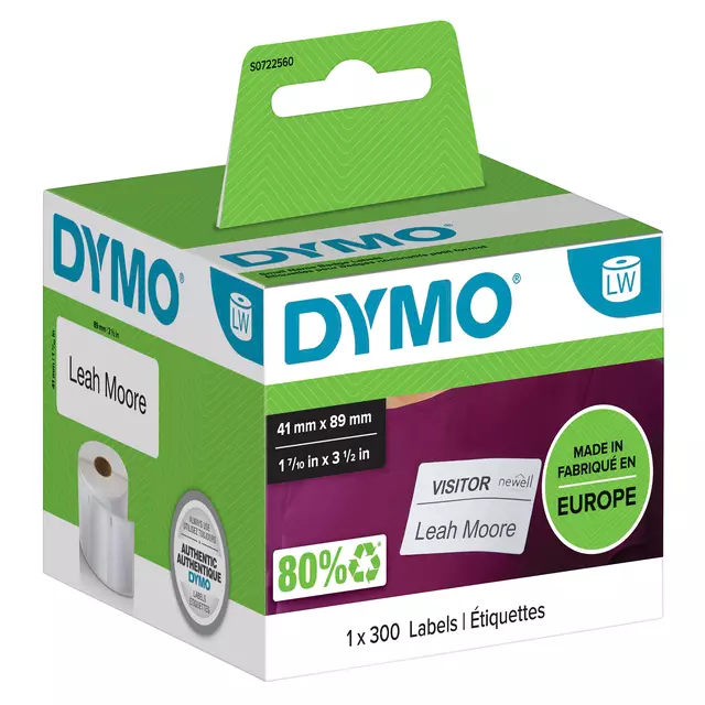 Een Etiket Dymo LabelWriter naamkaart 41x89mm 1 rol á 300 stuks wit koop je bij Totaal Kantoor Goeree