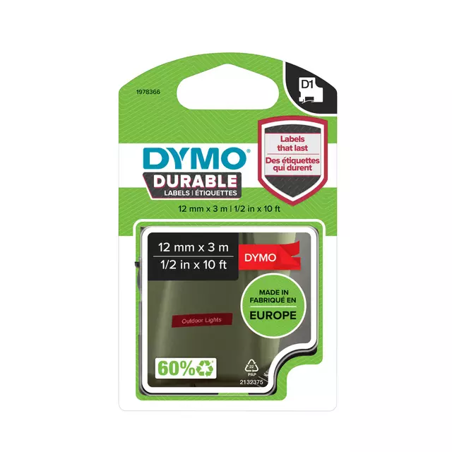 Een Labeltape Dymo LabelManager D1 polyester 12mm wit op rood koop je bij Goedkope Kantoorbenodigdheden