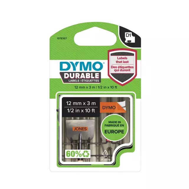 Een Labeltape Dymo LabelManager D1 polyester 12mm zwart op oranje koop je bij Goedkope Kantoorbenodigdheden