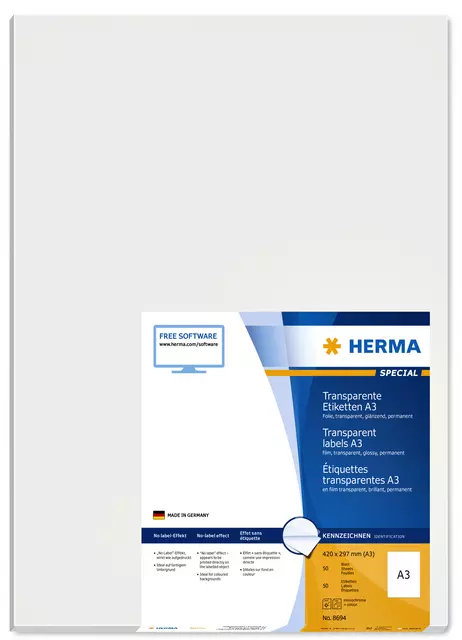 Een Etiket HERMA 8694 A3 297x420mm transparant 50 stuks koop je bij Tonerinktshop