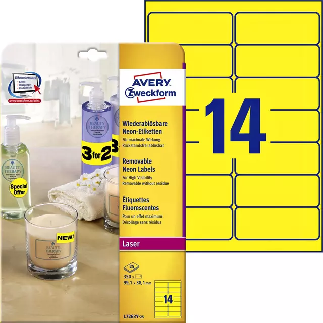 Een Etiket Avery L7263Y-25 99.1x38.1mm neon geel 350stuks koop je bij EconOffice