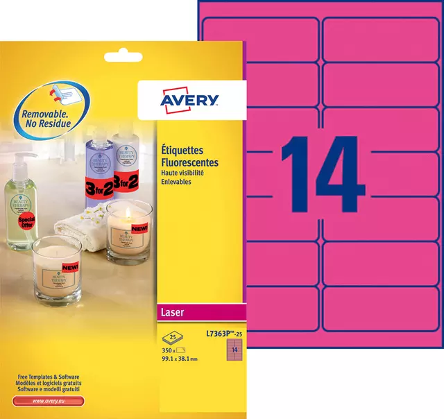 Een Etiket Avery L7363P-25 99.1x38.1mm neon roze 340stuks koop je bij KantoorProfi België BV