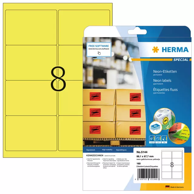 Een Etiket HERMA 5144 99.1x67.7mm neongeel 160stuks koop je bij The Cartridge Company