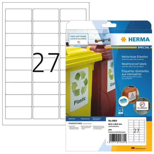 Een Etiket HERMA 4864 63.5x29.6mm weerbestendig wit 270stuks koop je bij NiceSupplies.nl