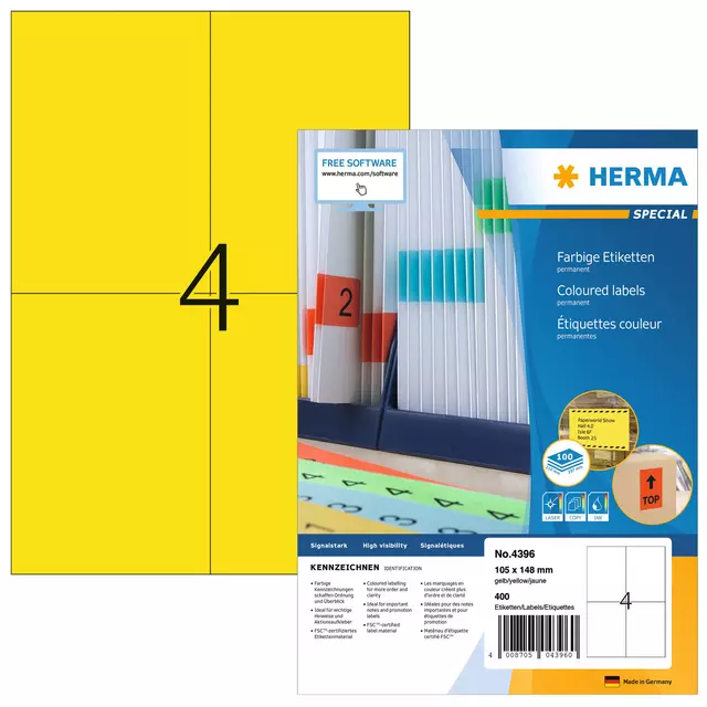 Een Etiket HERMA 4396 105x148mm A6 geel 400stuks koop je bij EconOffice