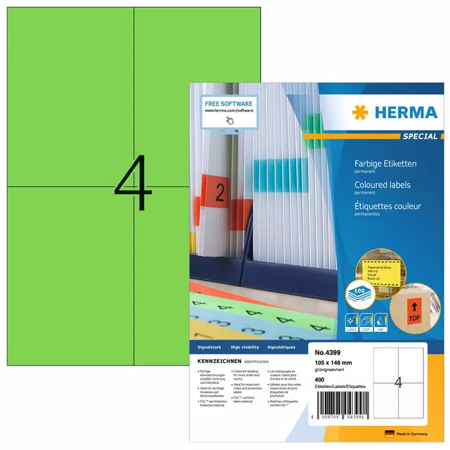 Een Etiket HERMA 4399 105x148mm A6 groen 400stuks koop je bij KantoorProfi België BV
