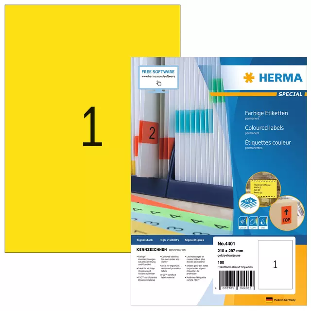 Een Etiket HERMA 4401 210x297mm A4 geel 100stuks koop je bij KantoorProfi België BV