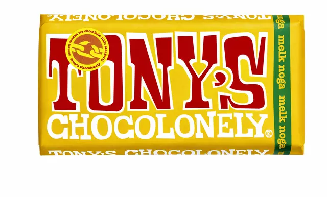 Een Chocolade Tony's Chocolonely melk noga reep 180gr koop je bij Van Leeuwen Boeken- en kantoorartikelen