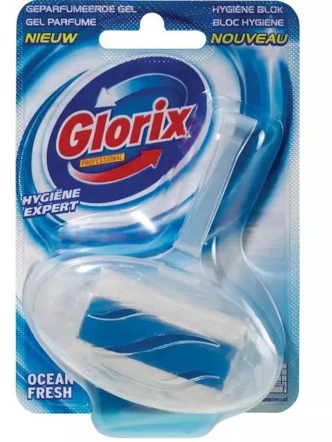 Een Toiletblok Glorix ocean fresh met houder koop je bij MV Kantoortechniek B.V.