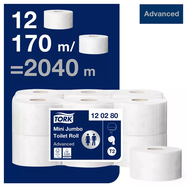 Een Toiletpapier Tork Mini Jumbo T2 advanced 2-laags 12 rollen wit 120280 koop je bij Totaal Kantoor Goeree