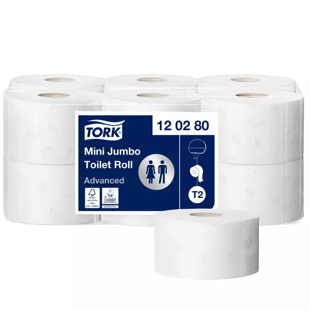 Een Toiletpapier Tork Mini Jumbo T2 advanced 2-laags 12 rollen wit 120280 koop je bij L&N Partners voor Partners B.V.