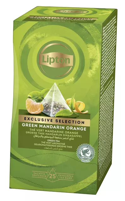 Een Thee Lipton Exclusive groene thee mandarijn sinaasappel 25 pramidezakjesx2gr koop je bij Kantoorvakhandel van der Heijde