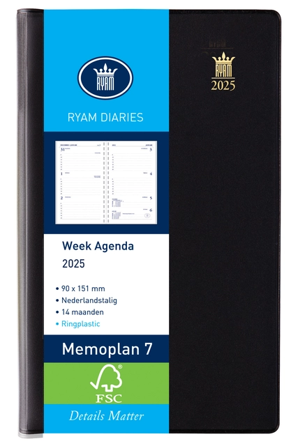 Buy your Agenda 2025 Ryam Memoplan 7 Suprema ringplastic 7dagen/2pagina's zwart at QuickOffice BV