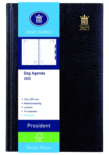 Een Agenda 2025 Ryam President Mundior 1dag/1pagina zwart koop je bij Tonerinktshop