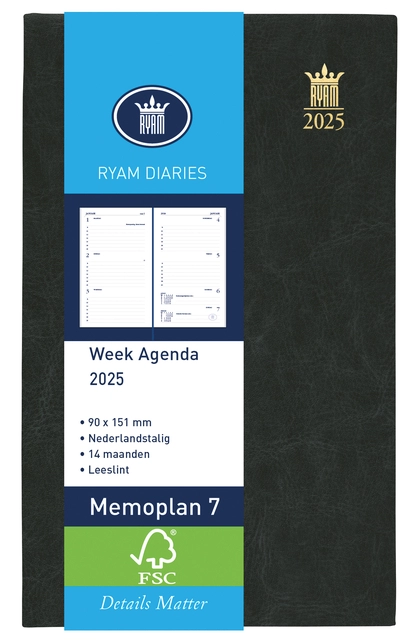 Agenda 2025 Ryam Memoplan 7 Mundior 7dagen/2pagina's zwart